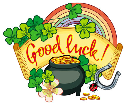 Holiday label with shamrock, rainbow and leprechaun pot of gold. Vector clip art