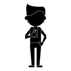 young man holding cellphone mobile pictogram vector illustration eps 10