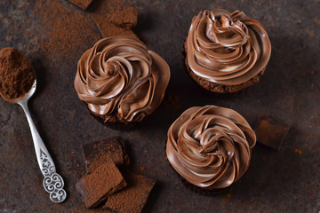 Chocolate cupcakes with peanut paste the old grunge background