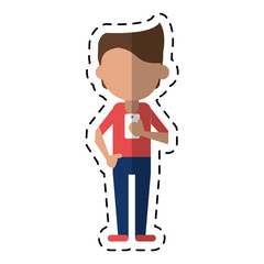 young man holding cellphone mobile dot line vector illustration eps 10