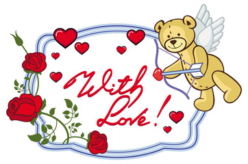 Oval frame with red roses, teddy bear, looks like a Cupid