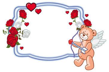 Color frame with roses and teddy bear with bow and wings, looks like a Cupid.