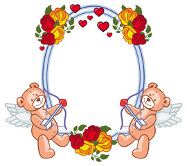 Obraz premium Color frame with roses and teddy bear with bow and wings, looks like a Cupid.