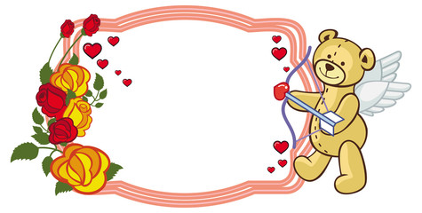 Color frame with roses and teddy bear with bow and wings, looks like a Cupid.