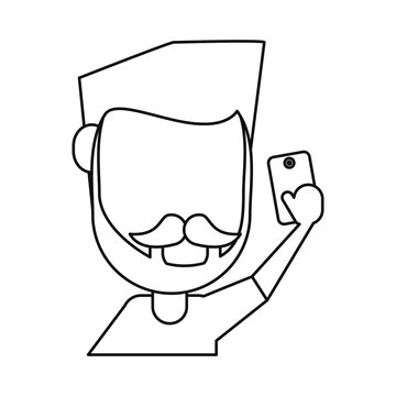 man with mustache beard using smartphone thin line vector illustration eps 10