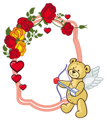 Color frame with roses and teddy bear with bow and wings, looks like a Cupid.