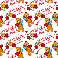 Seamless pattern with hearts and teddy bears. Raster clip art.