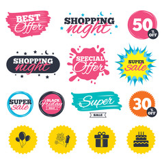 Birthday party icons. Cake and gift box symbol.