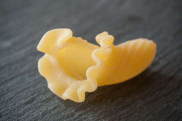 Fototapeta na wymiar pâtes crues en forme de corolles sur ardoise