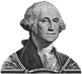 George Washington portrait on one USA dollar bill macro isolated, 1 usd, United States of America...