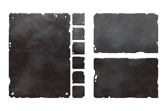 Set of damaged, rusted metal user interface elements, buttons and panels