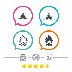 Tourist camping tent signs. Fire flame icons.