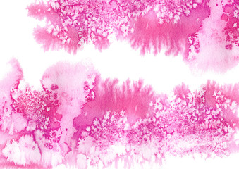 Abstract pink watery frame.Aquatic backdrop.Ink drawing.Watercolor hand drawn image.Wet splash.White background.
