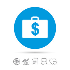Case with Dollars USD sign. Briefcase button.