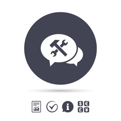 Speech bubble repair tool icon. Service symbol.
