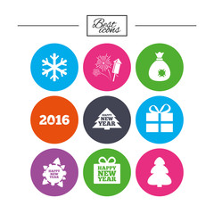 Christmas, new year icons. Gift box, fireworks.