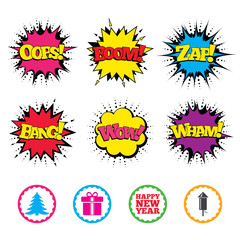 Happy new year sign. Christmas tree and gift box.