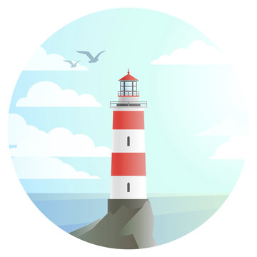 vector lighthouse with beautiful landscape of ocean round icon. flat house tower with sea and sky symbol, cartoon style illustration. seaside build sign design.