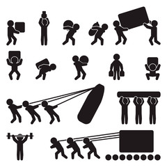 People icon set. People carrying and lifting heavy load. Vector.