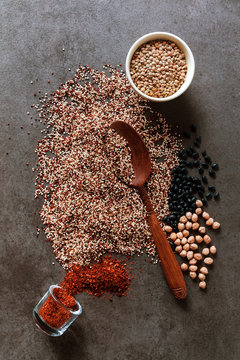 Composition of various kinds of legumes on black background