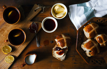 Easter breakfast with traditional hot Cross Bun and jam. From ab