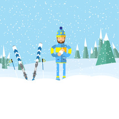 Young man with snow ball in hand, playing in the snow outdoors. Vector illustration.ski resort