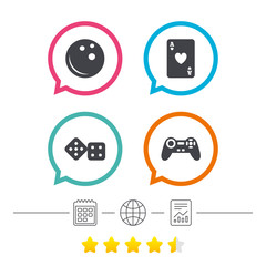 Bowling and Casino signs. Video game joystick.