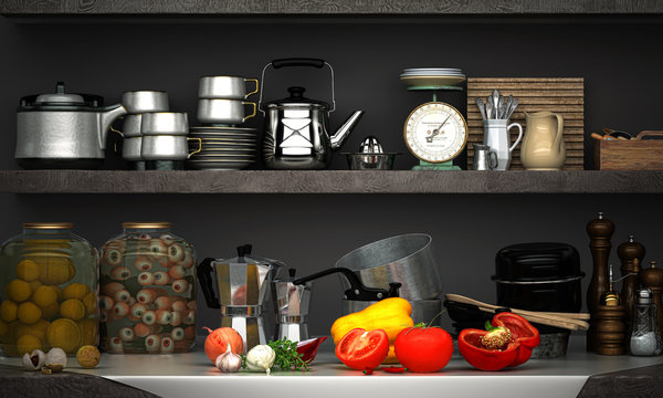 Cucina degli orrori con occhi in salamoia