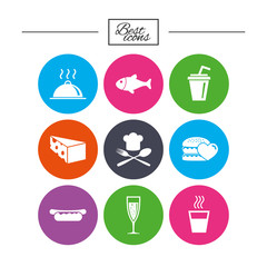 Food, drink icons. Alcohol, fish and burger.