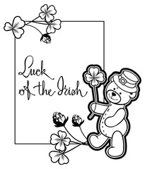 Outline  frame with shamrock contour and teddy bear. Vector clip art.