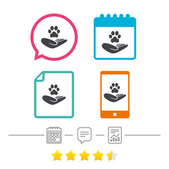 Shelter pets sign icon. Hand holds paw symbol.