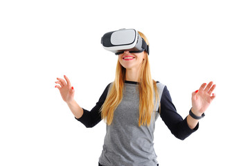 Young girl with glasses of virtual reality on a white background
