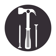 monochrome circle with silhouette of hammer and cloves vector illustration