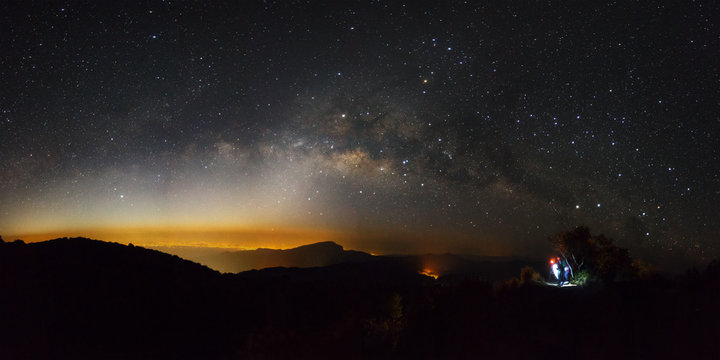 Panorama Milky Way Galaxy at Doi inthanon Chiang mai, Thailand.