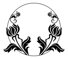 Black and white round frame with flowers silhouettes. 
