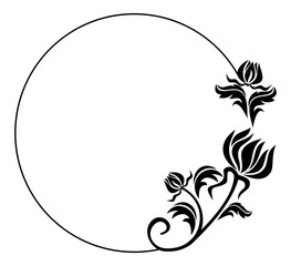 Black and white round frame with flowers silhouettes. 