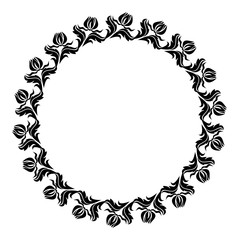 Black and white round frame with flowers silhouettes. 
