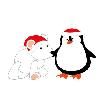cute penguin and polar bear with christmas hat isolated icon vector illustration design