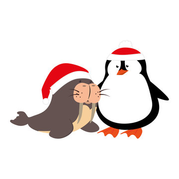 cute penguin and seal with christmas hat isolated icon vector illustration design