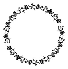 Black and white round frame with flowers silhouettes. 