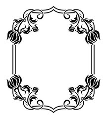 Black and white frame with flowers silhouettes. Raster clip art.