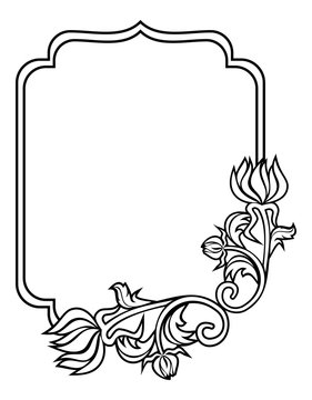 Black and white frame with flowers silhouettes. Raster clip art.