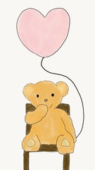 hand draw doodle brown bear doll sitting on brown wood chair with heart shape balloon, illustration, watercolor style, love concept