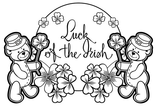 Outline round frame with shamrock contour and teddy bear. Raster clip art.