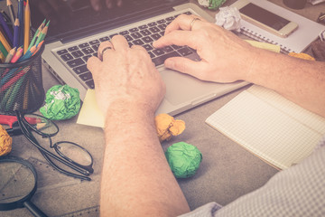 Looking for direction and inspiration, Business working at an office, Office desk table with computer, supplies, flower. Top view. Copy space for text