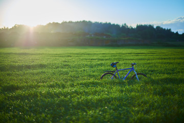 Fototapeta na wymiar Bicycle on grass field in the morning