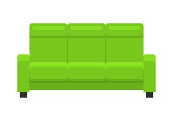 Green sofa. Icon of furniture for an house interior, living room: classic or modern and vintage cozy couch. Vector flat colorful illustration isolated on white background.