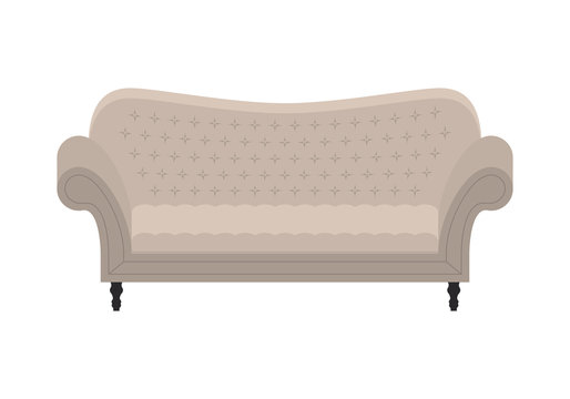 Gray vintage sofa. Icon of fashion, elegance and cozy furniture for an house interior, living room. Antique couch. Vector flat colorful illustration isolated on white background.
