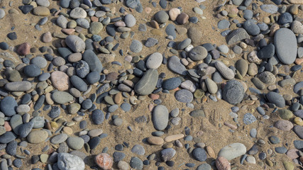 Colorful pebbles on a sandy beach