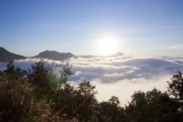 Sunrise and fog over Phu Thok Mountain at Chiang Khan ,Loei Prov - 136391215